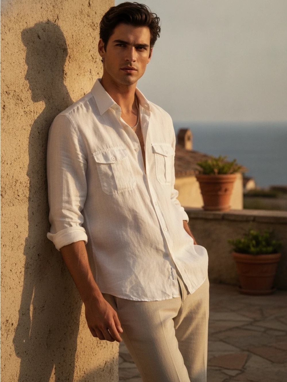 Polo Ralph Lauren Mens White Linen Utility Safari Shirt Custom Fit Medium M
